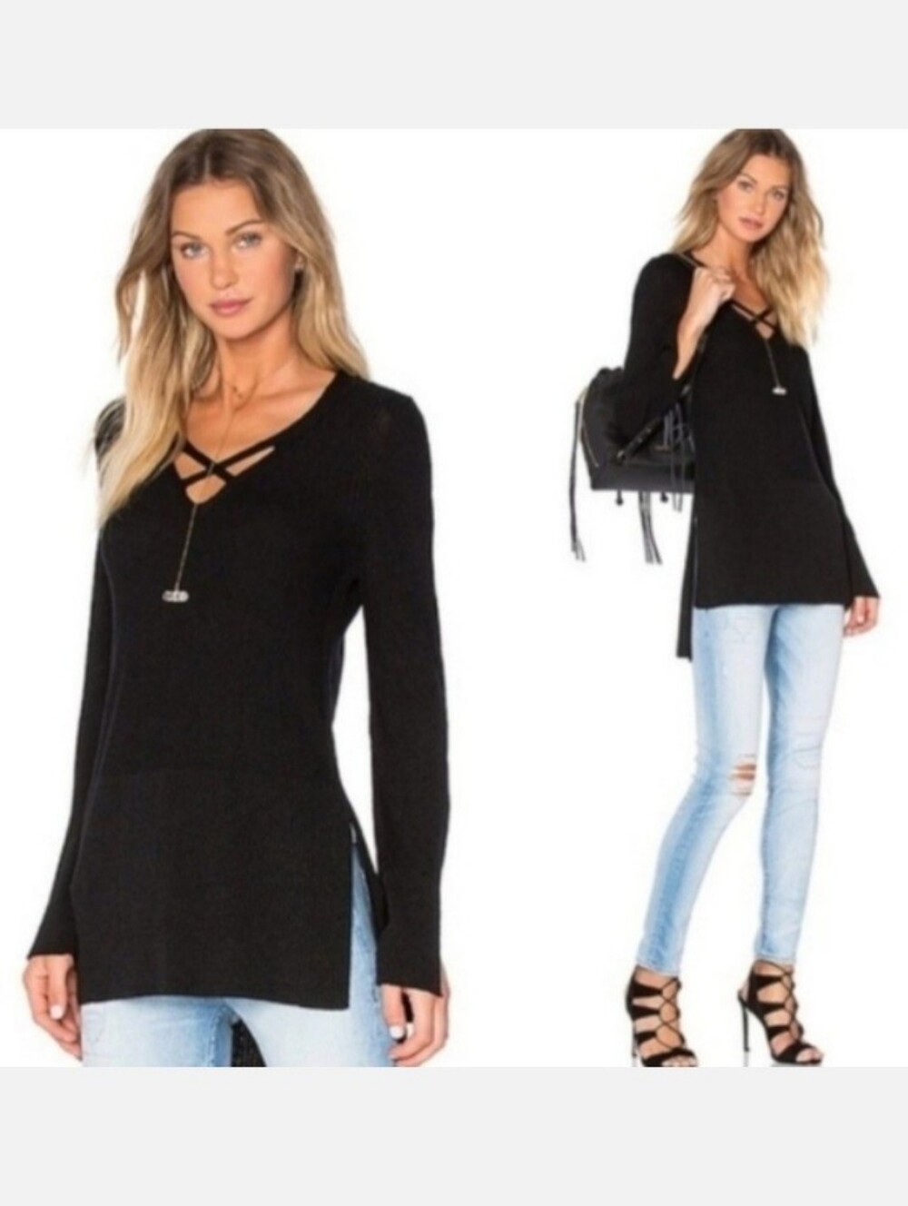 Free People black knit v-neck sweater tunic M